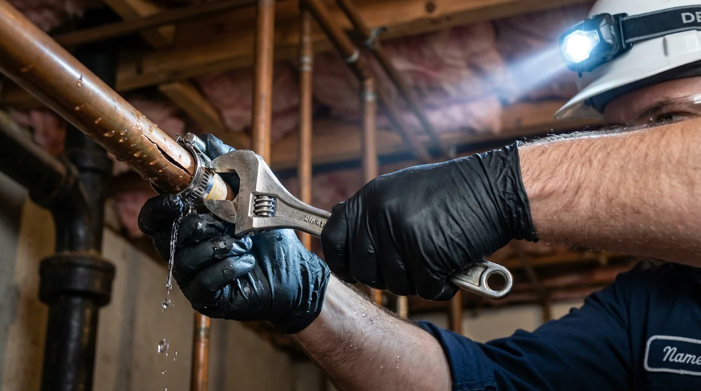 Emergency pipe clamp repair being performed by a Johns Plumbing LLC plumber in Circle