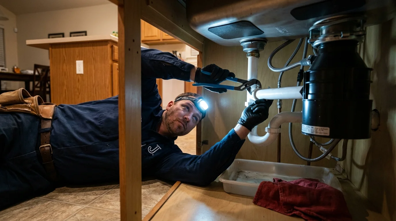 P-trap and supply line connections under a kitchen sink showing a common leak point in Circle, MT